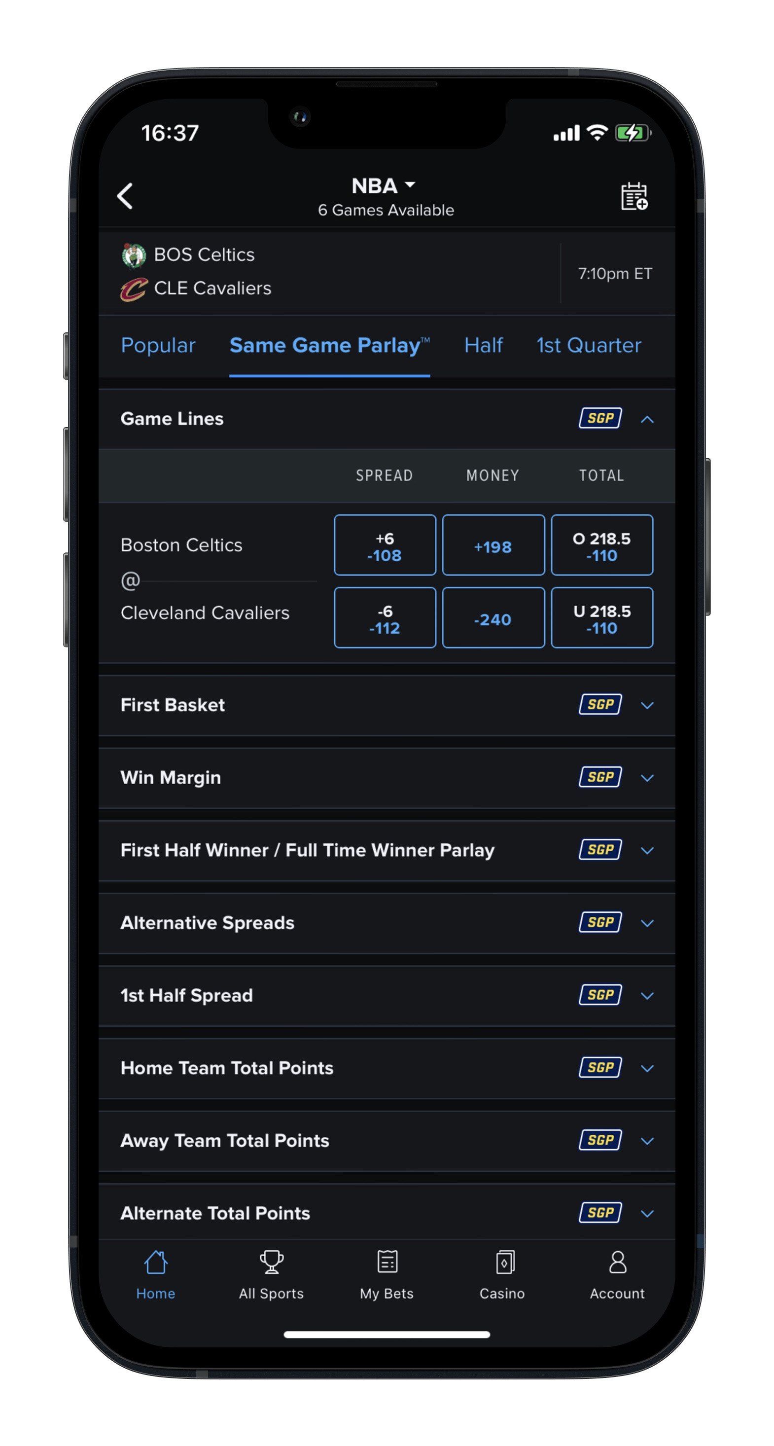FanDuel Sportsbook Same Game Parlay on iPhone