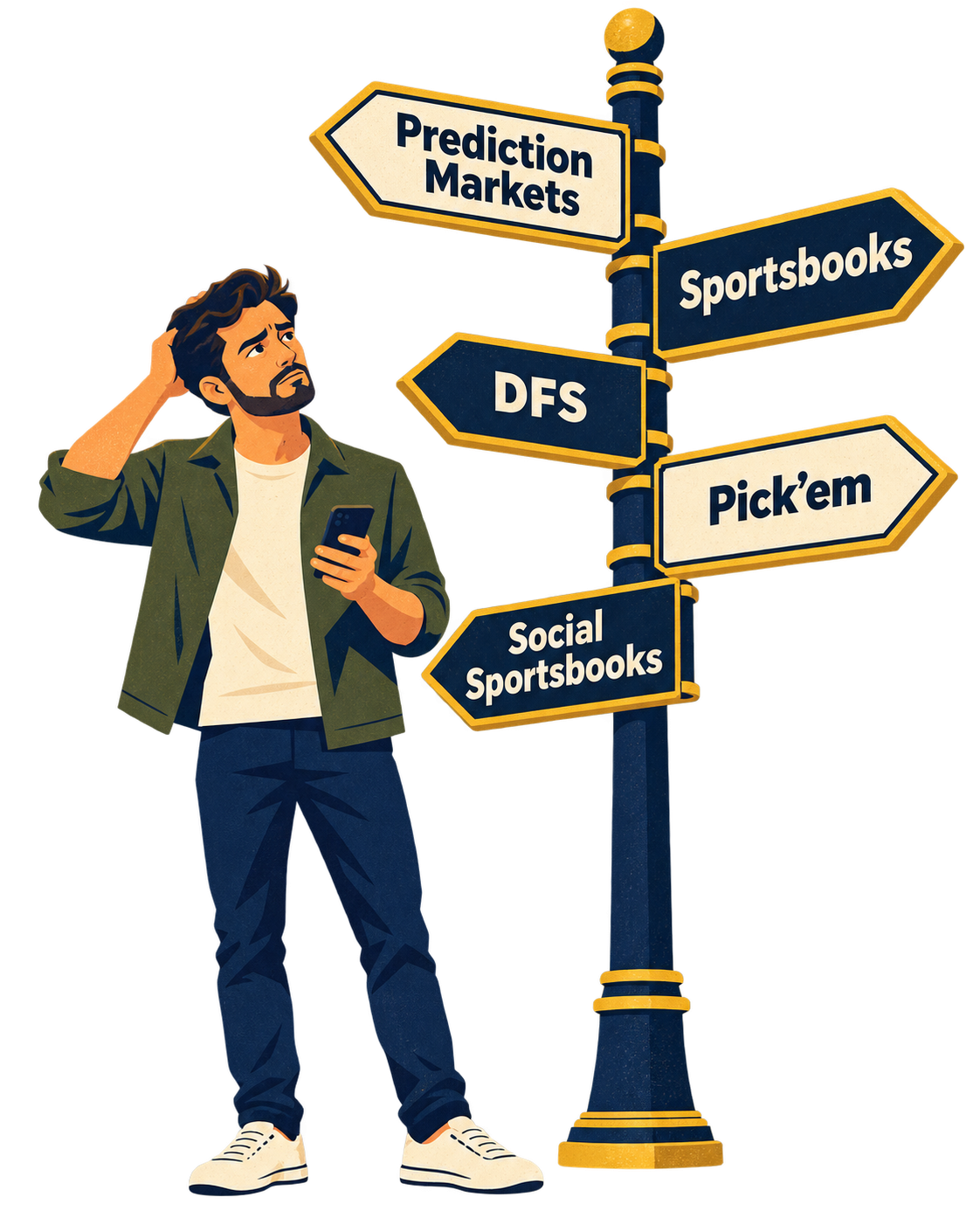 A confused man looking at a signpost pointing toward Prediction Markets, Sportsbooks, DFS, Pick'em, and Social Sportsbooks.